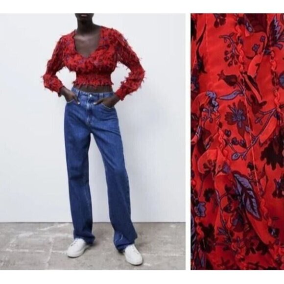 Zara Top Womens Large Red Floral Cropped Fringe Silky Romantic Fairy Boho Sheer - Picture 1 of 7